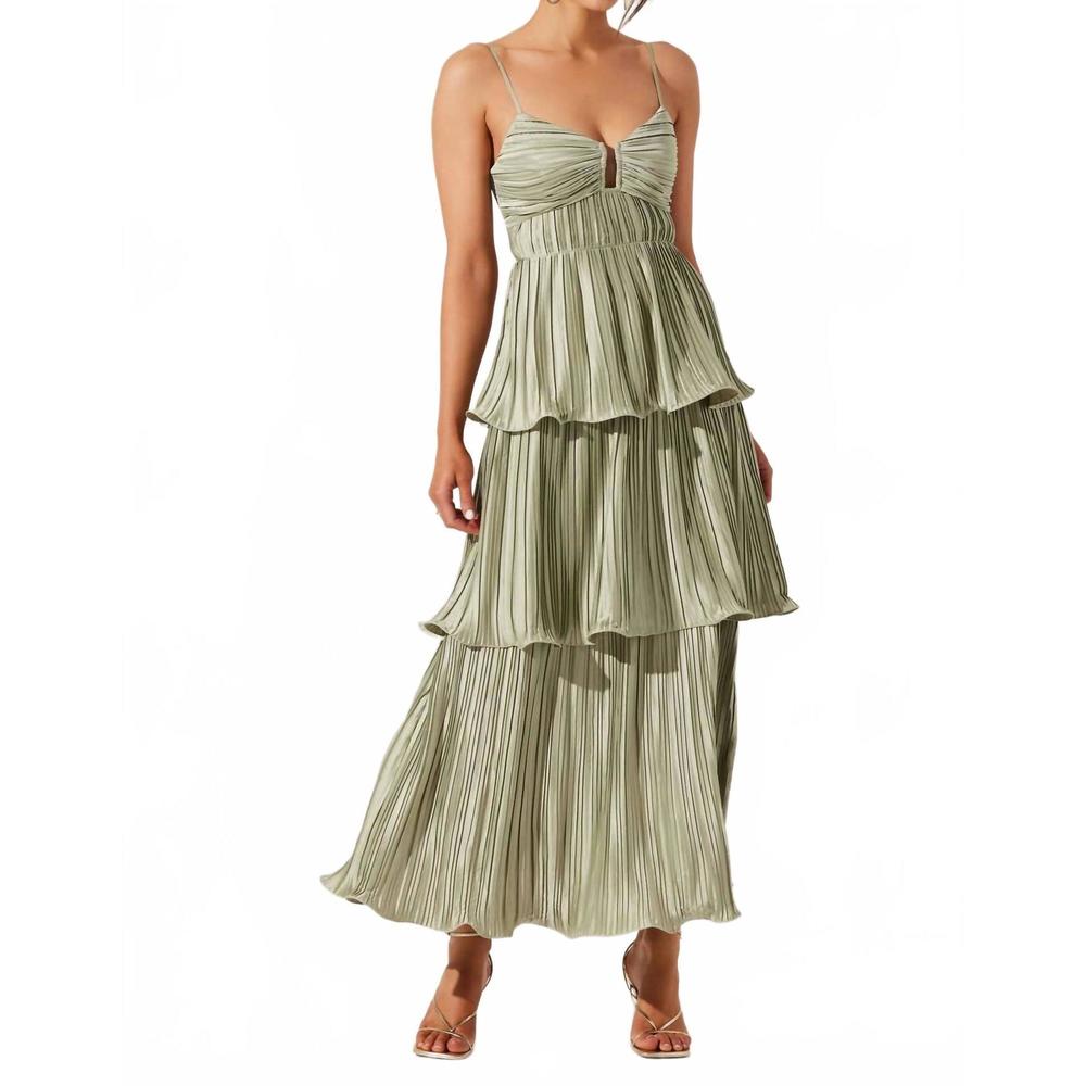Astr Pleated Tiered Maxi Dress in Sage Green